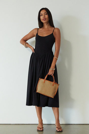 Knit midi dress. Ribbed knit bodice. Adjustable straps. Partially lined. Black midi dress. summer dress. 