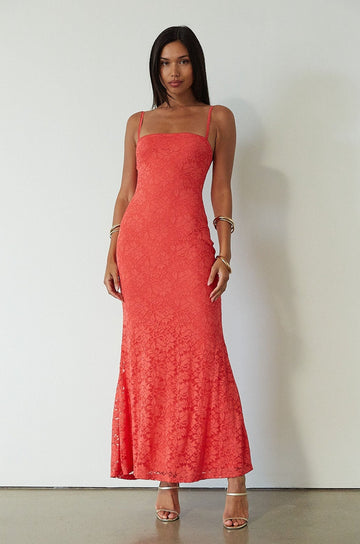 Knit lace maxi dress. Elastic straps. Inner rubber grip lining. Fully lined. red maxi dress. orange maxi dress. wedding guest dress. vacation outfit. vacation dress. fancy dinner dress