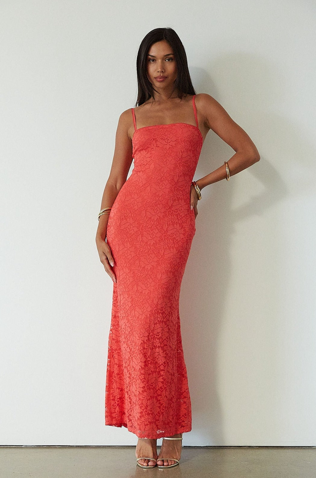 Knit lace maxi dress. Elastic straps. Inner rubber grip lining. Fully lined. red maxi dress. orange maxi dress. wedding guest dress. vacation outfit. vacation dress. fancy dinner dress