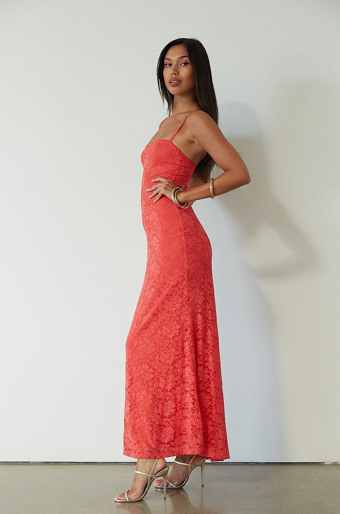 Knit lace maxi dress. Elastic straps. Inner rubber grip lining. Fully lined. red maxi dress. orange maxi dress. wedding guest dress. vacation outfit. vacation dress. fancy dinner dress
