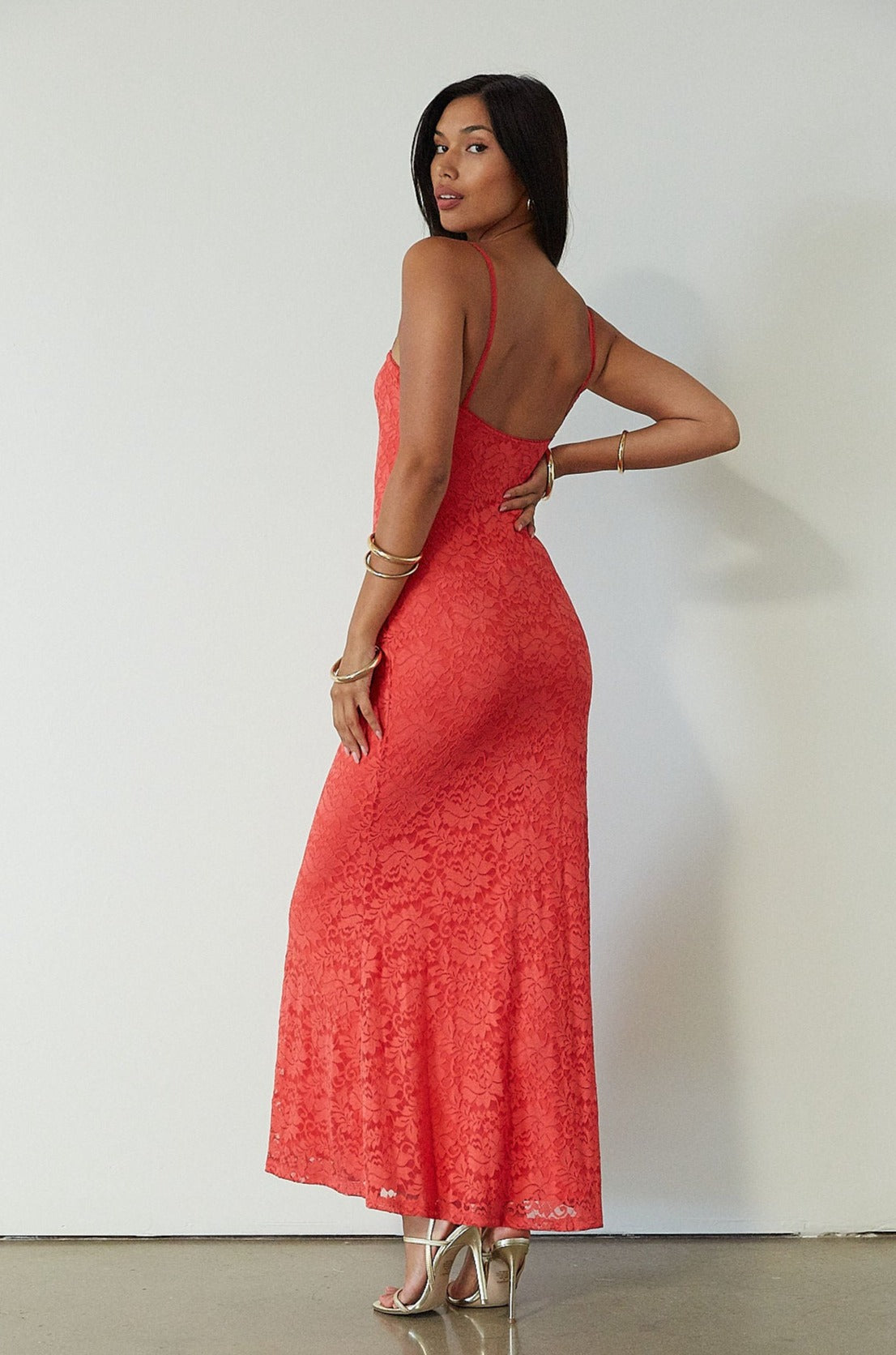 Knit lace maxi dress. Elastic straps. Inner rubber grip lining. Fully lined. red maxi dress. orange maxi dress. wedding guest dress. vacation outfit. vacation dress. fancy dinner dress