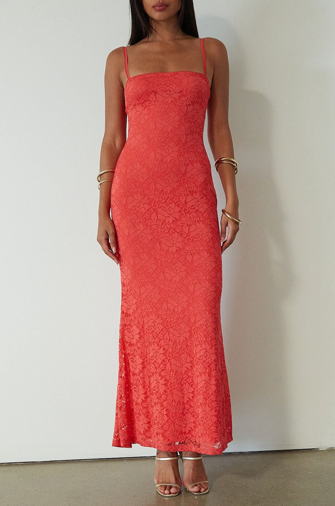 Knit lace maxi dress. Elastic straps. Inner rubber grip lining. Fully lined. red maxi dress. orange maxi dress. wedding guest dress. vacation outfit. vacation dress. fancy dinner dress