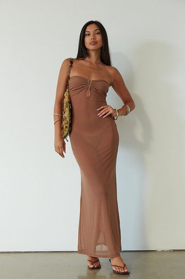 Knit mesh maxi dress. Strapless neckline. Front metal detail. Unlined. brown maxi dress. brown mesh maxi dress. mesh maxi dress. strapless maxi dress. mexico trip outfit. florida outift. evening dress. vacation dress. 