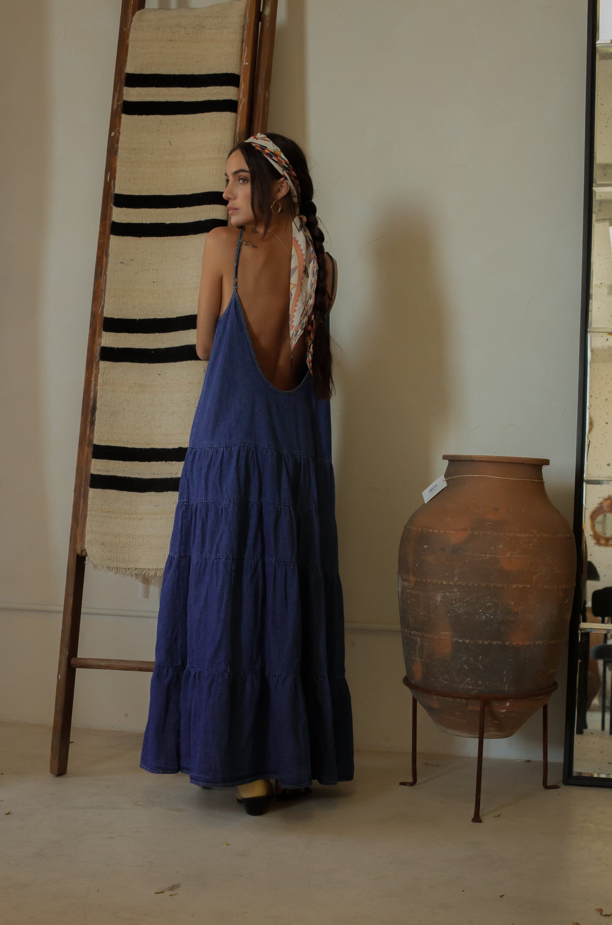 Tiered denim maxi dress. Adjustable straps. V-neckline. Front slit. Low back. Unlined. European summer aesthetic. Tuscany outfit inso. Tuscany aesthetic. Summer dress. denim maxi dress. summer outfit. everyday dress. vacation dress. outfit to wear to tuscany. day dress. 