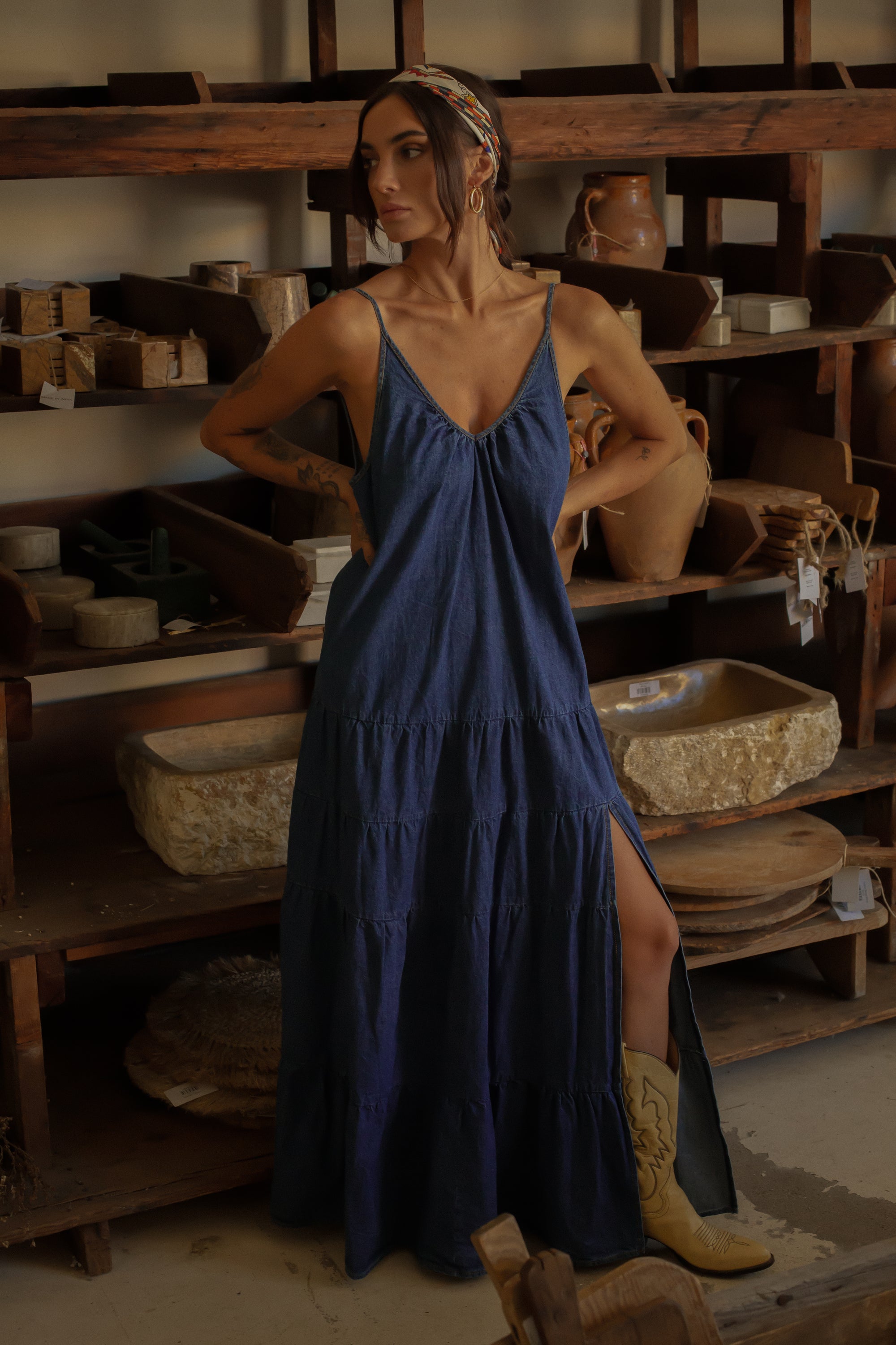 Tiered denim maxi dress. Adjustable straps. V-neckline. Front slit. Low back. Unlined. European summer aesthetic. Tuscany outfit inso. Tuscany aesthetic. Summer dress. denim maxi dress. summer outfit. everyday dress. vacation dress. outfit to wear to tuscany. day dress. 