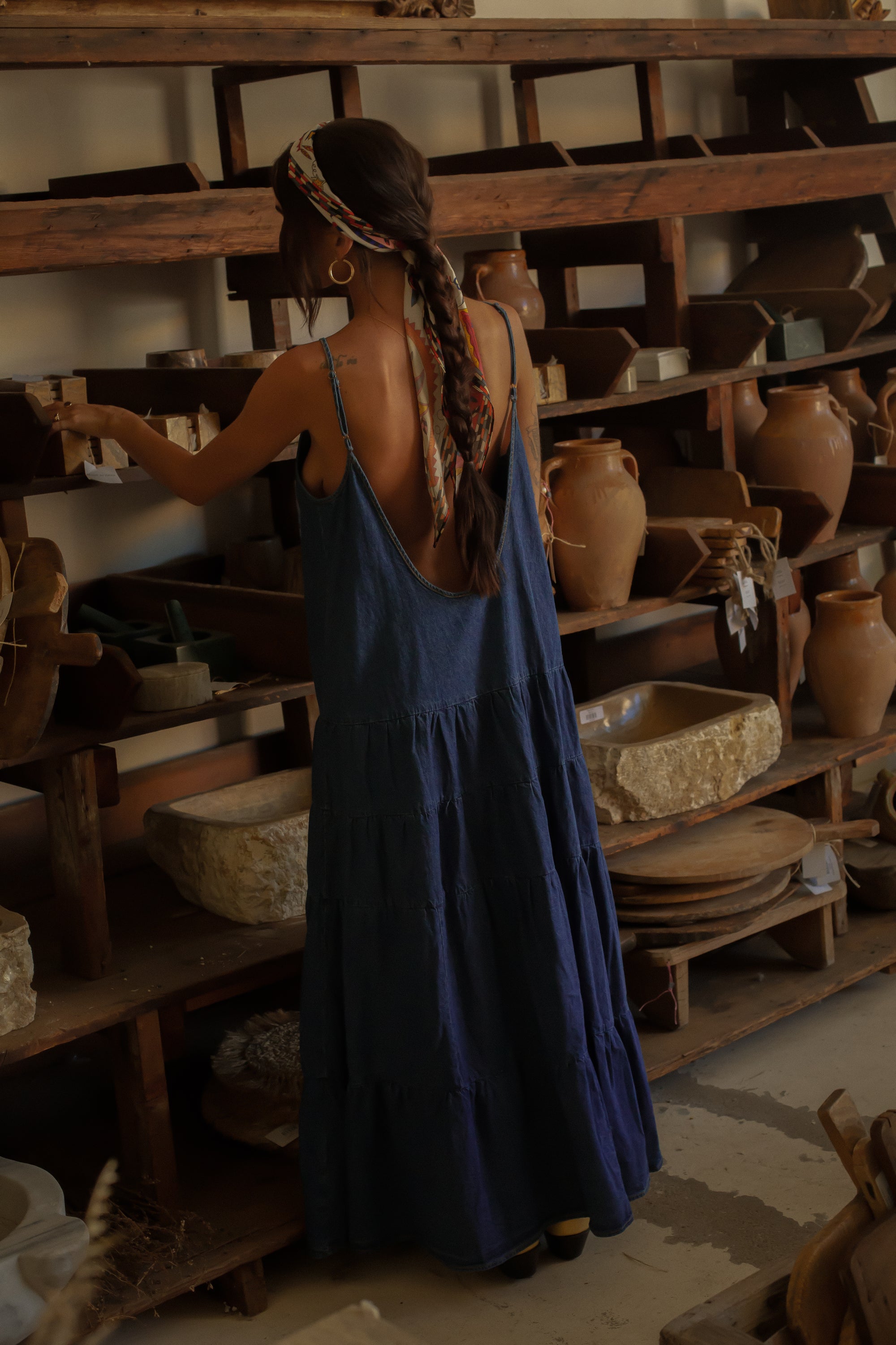 Tiered denim maxi dress. Adjustable straps. V-neckline. Front slit. Low back. Unlined. European summer aesthetic. Tuscany outfit inso. Tuscany aesthetic. Summer dress. denim maxi dress. summer outfit. everyday dress. vacation dress. outfit to wear to tuscany. day dress. 
