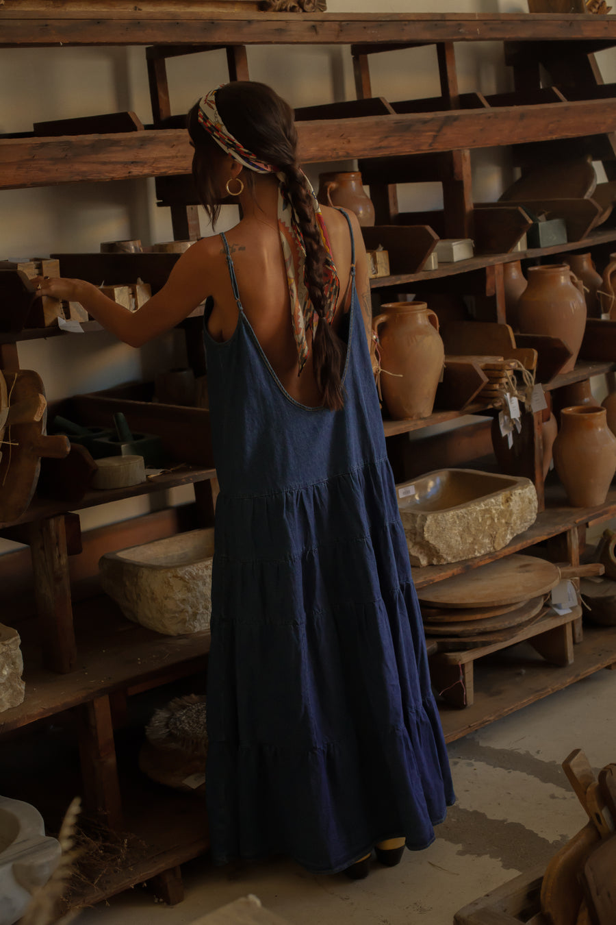 denim and company maxi dresses D&CO Denim and company blue tan and white floral belted maxi dress size M