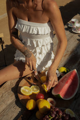 Ruffle knit romper. Strapless elastic neckline. Unlined. European summer outfit. European summer. European summer romper. European summer aesthetic. Tuscany outfit inso. Tuscany aesthetic. Summer romper. white romper. white ruffle romper. summer outfit. everyday romper. vacation romper. outfit to wear to tuscany. strapless romper