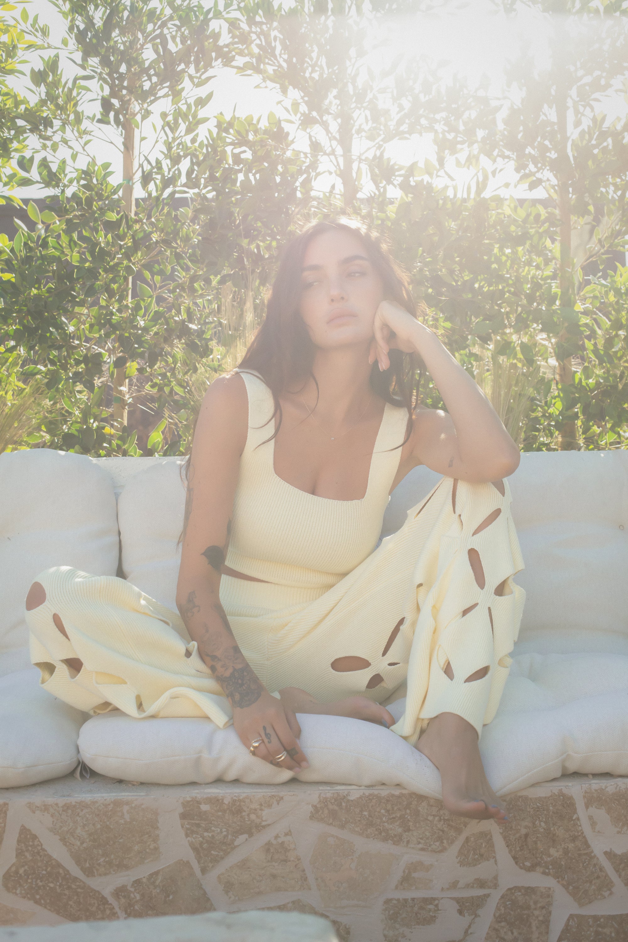 European summer vacation. European summer outfit. European summer. European summer top. European summer aesthetic. Tuscany outfit inso. Tuscany aesthetic. Summer top. yellow knit set. knit set. knit pant set. yellow floral cut out pant. yellow knit tank top