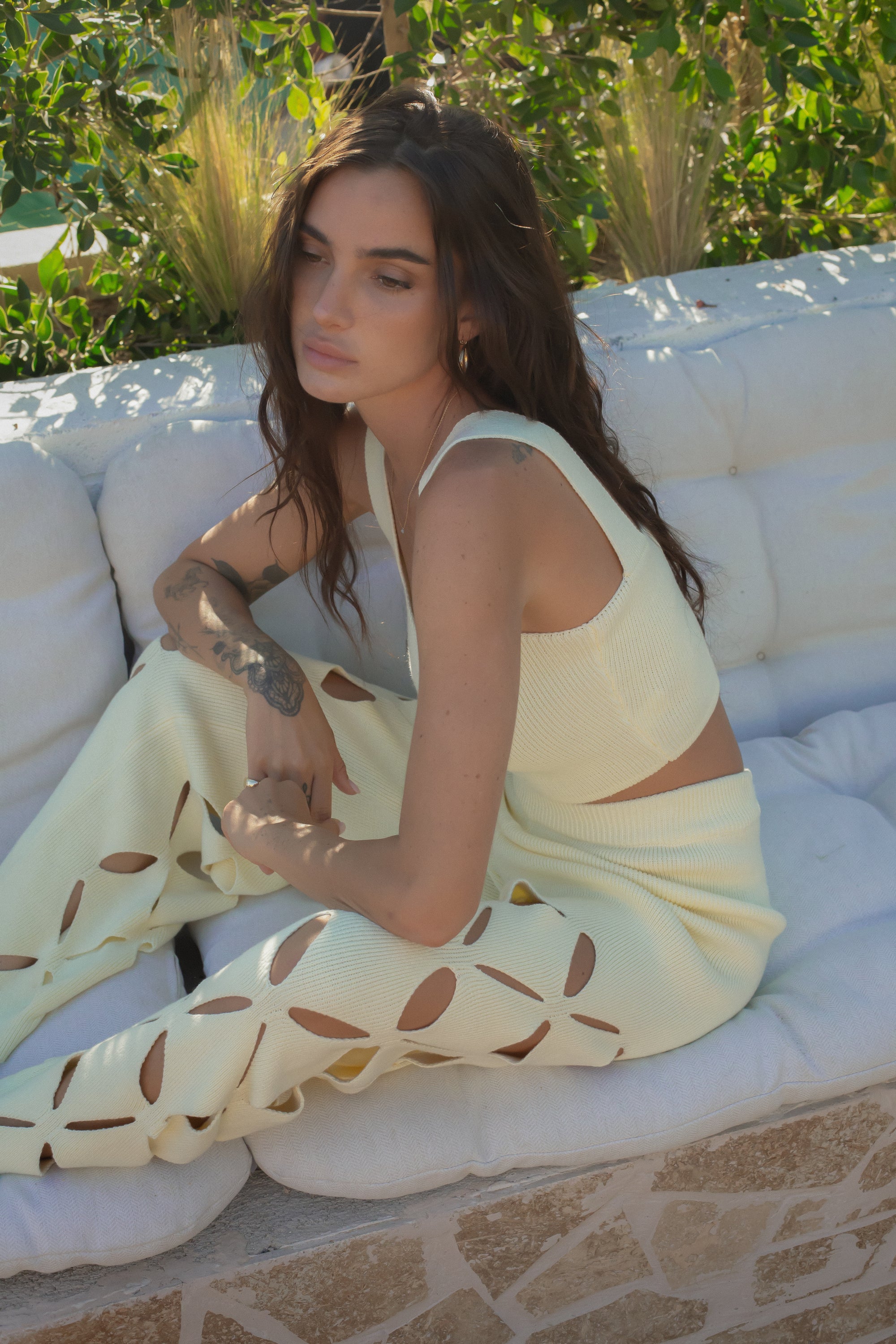 European summer vacation. European summer outfit. European summer. European summer top. European summer aesthetic. Tuscany outfit inso. Tuscany aesthetic. Summer top. yellow knit set. knit set. knit pant set. yellow floral cut out pant. yellow knit tank top