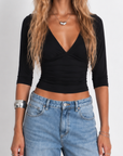 black Soft V neck top
3/4 sleeve top
V neckline
Unlined