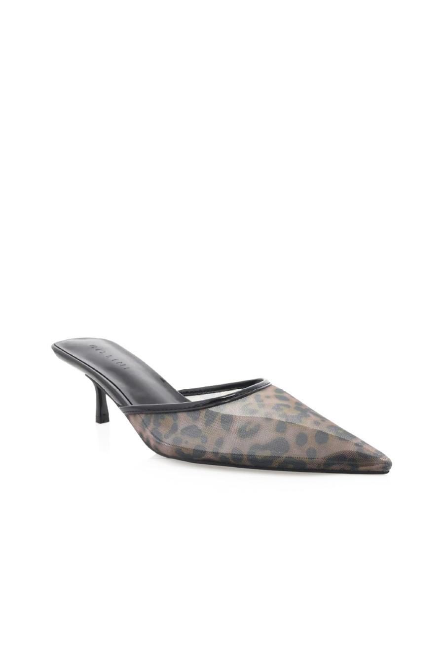 Leopard printed mesh heel
Low kicked-in stiletto heel
Closed pointed toe
Open heel counter
Slip on
Heel height: 2.5"
Synthetic