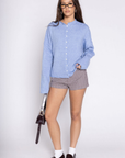 Fuzzy knit cardigan
Crewneck
Front button down closures
Long sleeves
Unlined
blue cardigan
