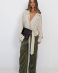 olive green Silk track pant
Elastic waistband
Side stripe
fall transition outfit