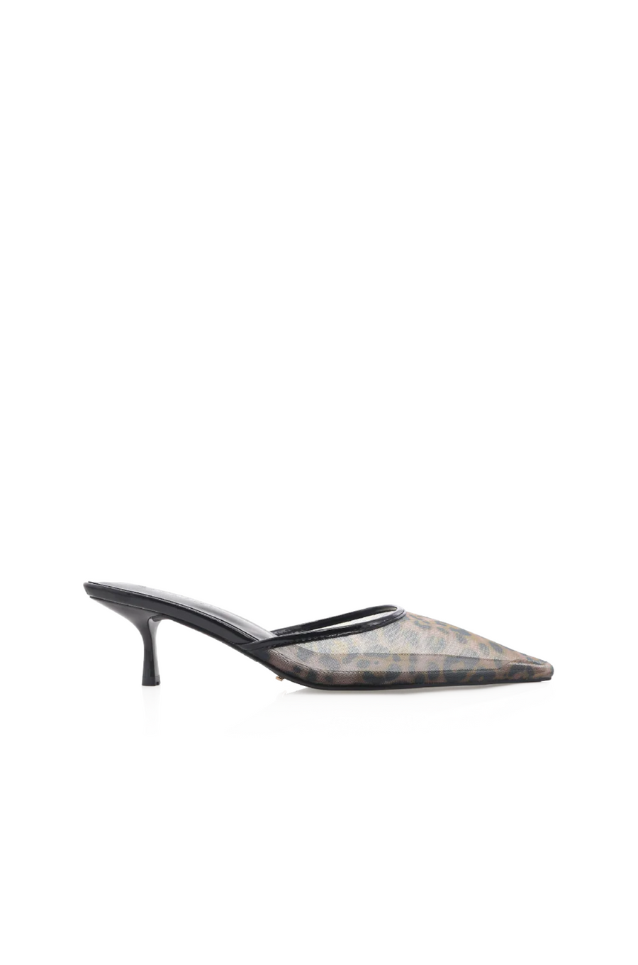 Leopard printed mesh heel
Low kicked-in stiletto heel
Closed pointed toe
Open heel counter
Slip on
Heel height: 2.5"
Synthetic