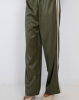 olive green Silk track pant
Elastic waistband
Side stripe
fall transition outfit