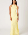 Halter neck lace maxi dress
Open back with adjustable tie closures
Adjustable neck tie
Subtle flared hem
Lace detailing throughout
Lined
yellow lace dress
butter yellow wedding guest dress
summer wedding guest dress