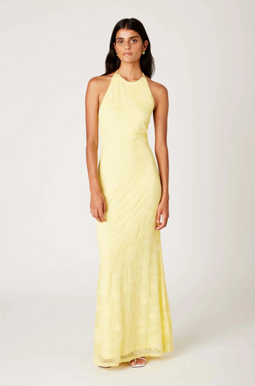 Halter neck lace maxi dress
Open back with adjustable tie closures
Adjustable neck tie
Subtle flared hem
Lace detailing throughout
Lined
yellow lace dress
butter yellow wedding guest dress
summer wedding guest dress