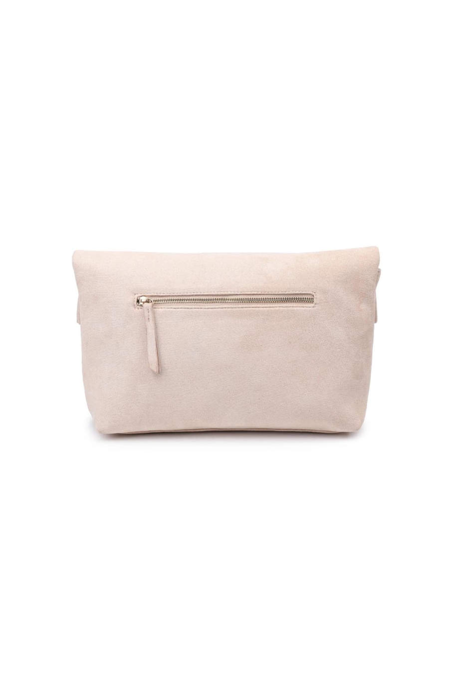 Crossbody faux suede purse
Removable chain strap
Outer zip pocket
Inner zip and slip pocket
Magnetic closure
Lined
Vegan Leather
beige faux seule clutch purse 
fall bag
fall clutch