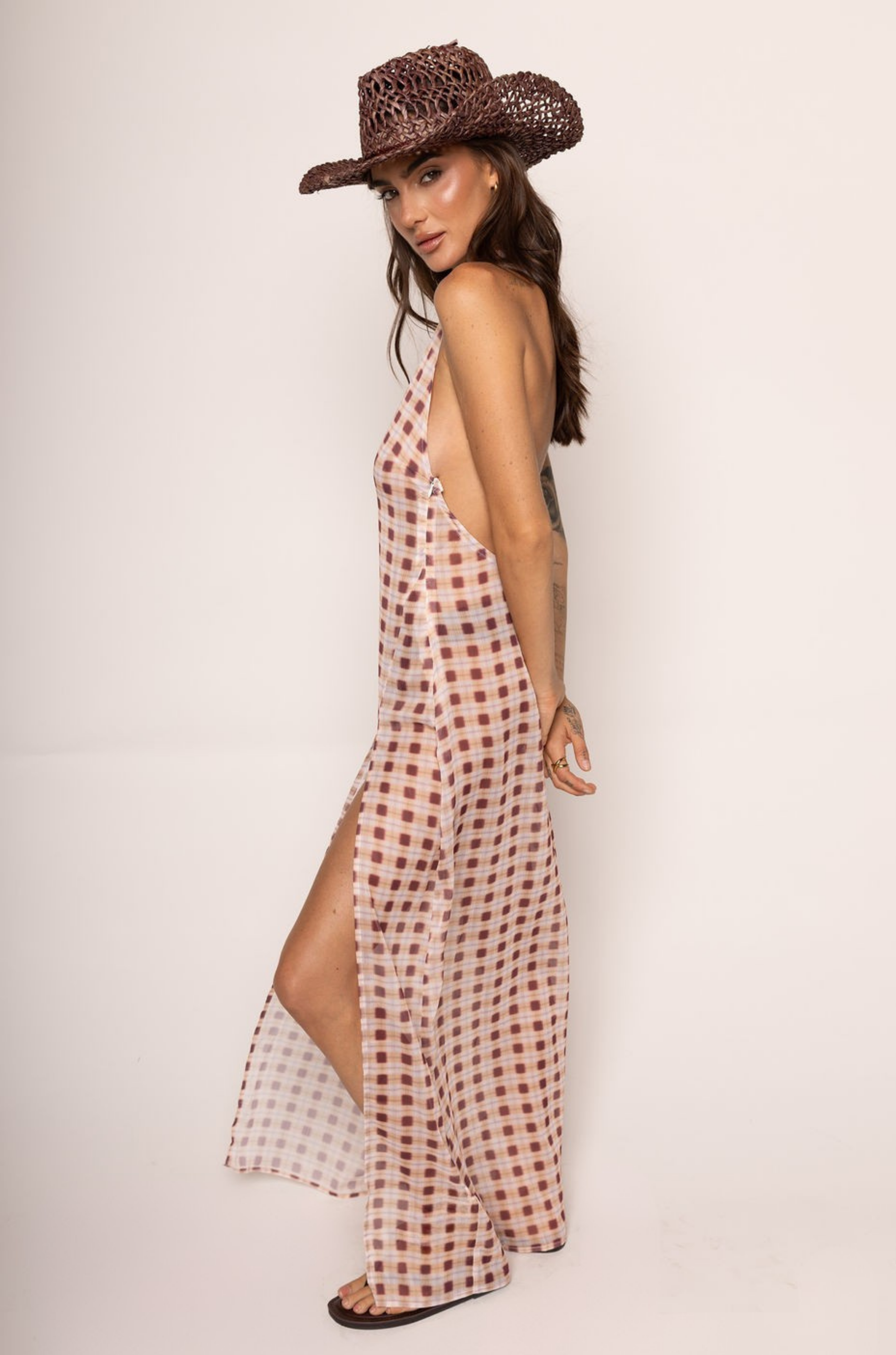 Chiffon checkered printed maxi dress
Halter neck
Deep plunge neckline
Thigh-high slit
Side zipper closure
Unlined/sheer
gingham printed sheer dress
sheer cover up
resort wear cover up dress