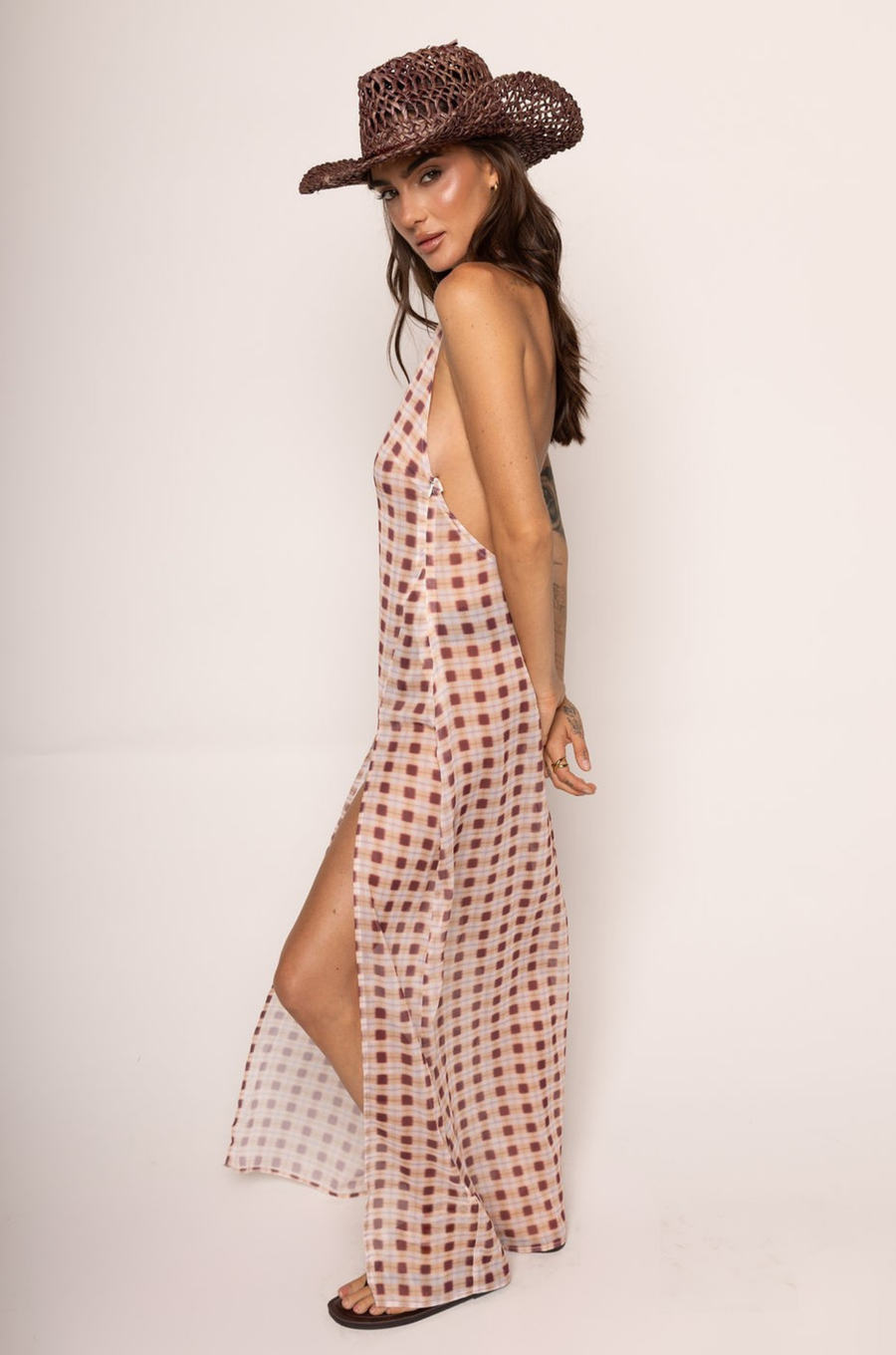 Chiffon checkered printed maxi dress
Halter neck
Deep plunge neckline
Thigh-high slit
Side zipper closure
Unlined/sheer
gingham printed sheer dress
sheer cover up
resort wear cover up dress