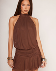 brown Mesh halter neck mini dress
Adjustable neck tie
Ruched bodice
Low back
Lined