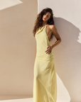 yellow Chiffon halter maxi dress
Fitted column silhouette
High draped halter neckline
Smooth front bodice
Gathered waist detailing
Self-tie at neckline with concealed side zipper
Fully lined
Yellow wedding guest maxi dress