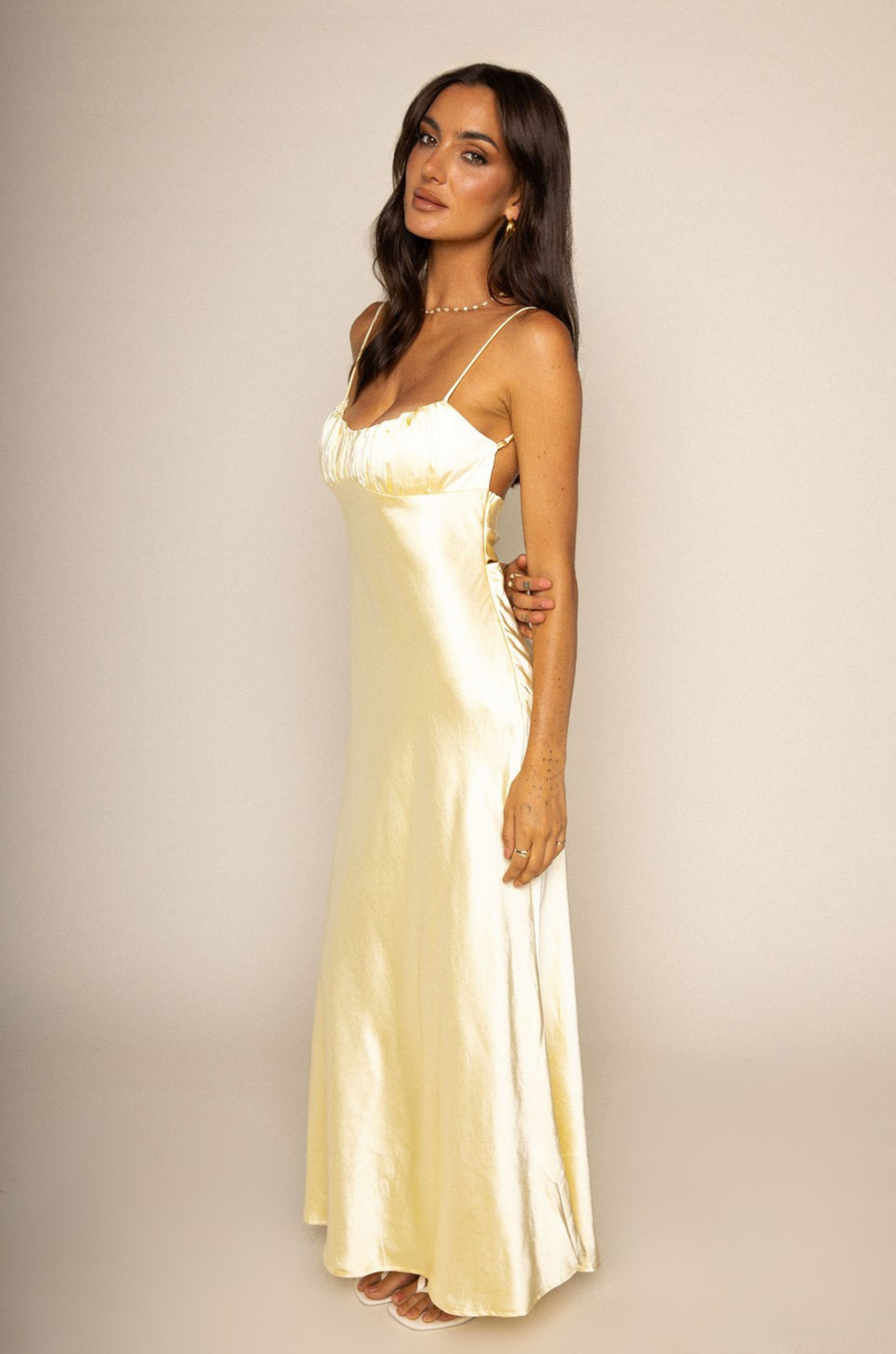 Satin yellow maxi dress
Ruched bust
Adjustable spagehtti straps
Back twist strap
Side zipper closure
Unlined
yellow satin wedding guest dress
yellow satin bridesmaids dress