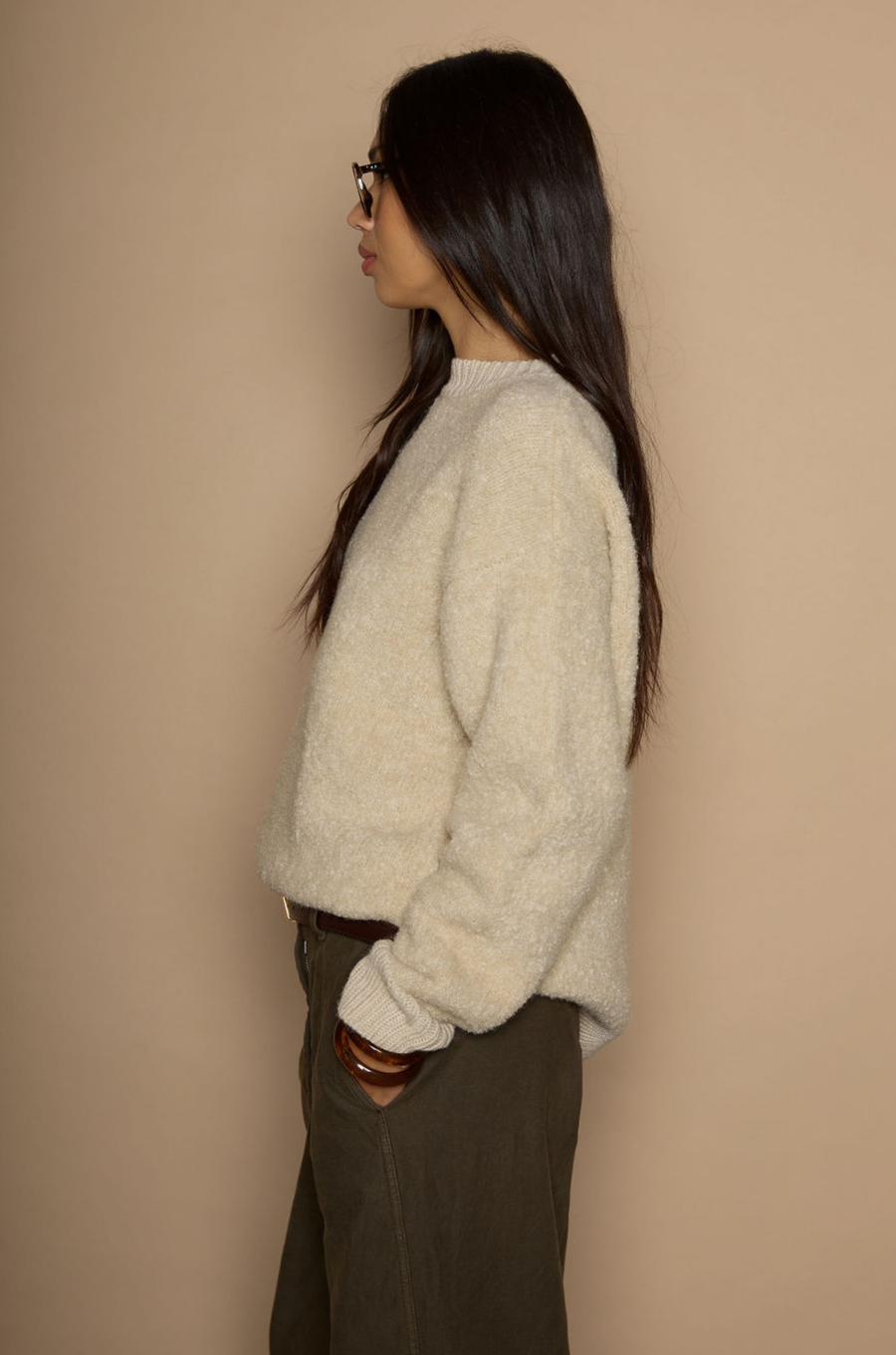 Fuzzy boucle knit sweater. Crewneck. Unlined. beige sweater. fall sweater. winter sweater. bone sweater