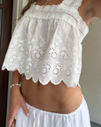 white Cotton eyelet tank top
Cropped
Scallop trim
Unlined/Sheer