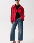 red Funnel neck jacket
Front button down closure
Draped fit
Length: 27"
Cotton