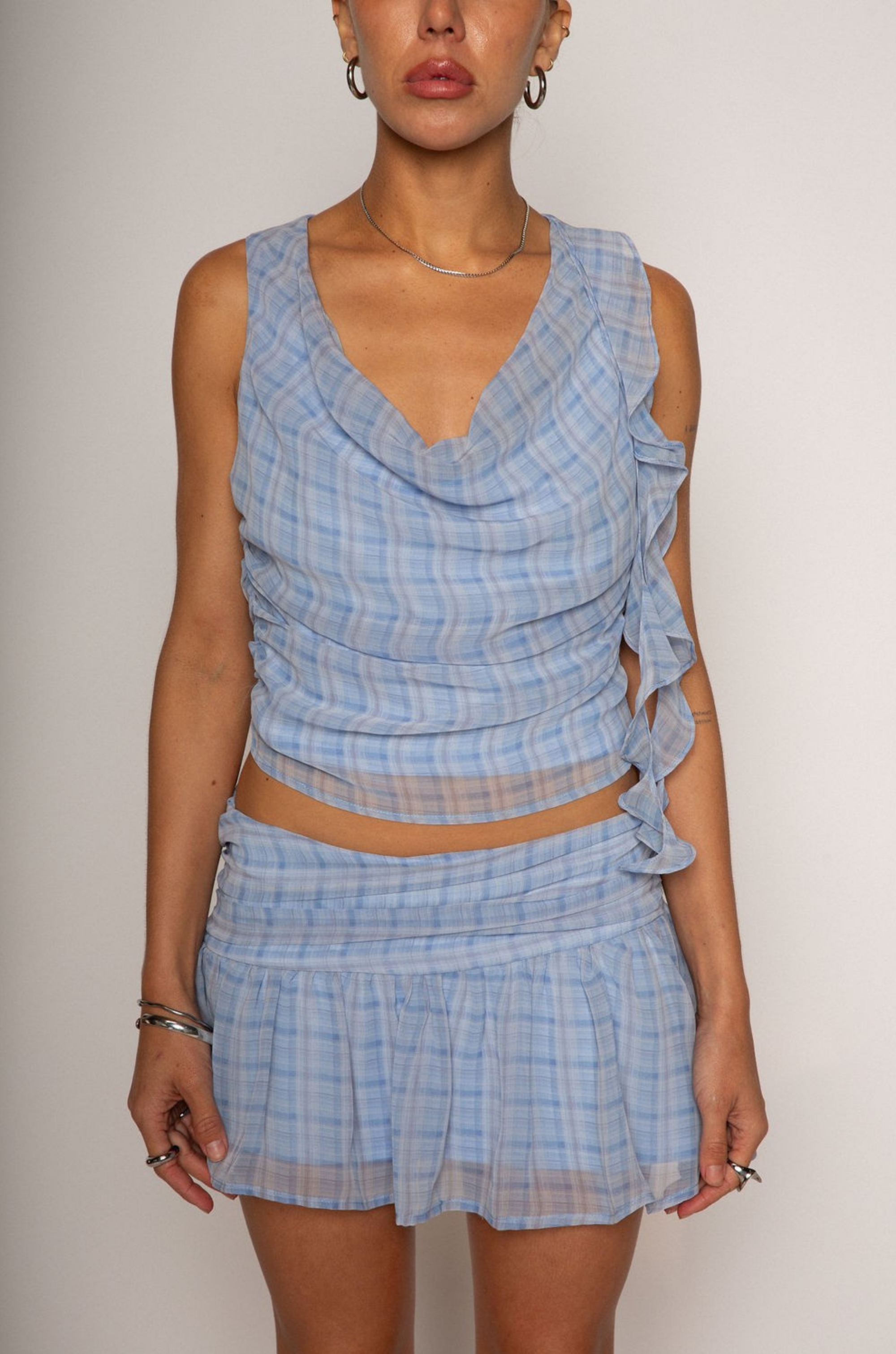 cowl neck top. periwinkle set. summer outfit. summer set. going out outfit. plaid set. ruffled mini skirt 