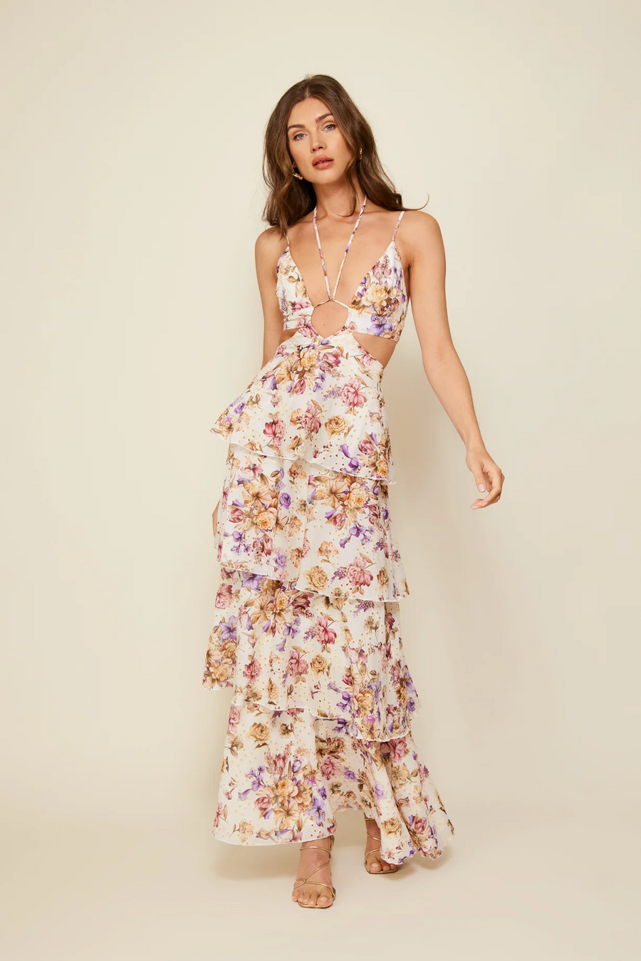 Floral printed eyelet woven tiered maxi dress. Adjustable straps. Front drawstring closure. Back cut out. Elastic back strap. Back hook and eye and zipper closures. Fully lined. Guest wedding dress. Floral dress. Coquette dress.