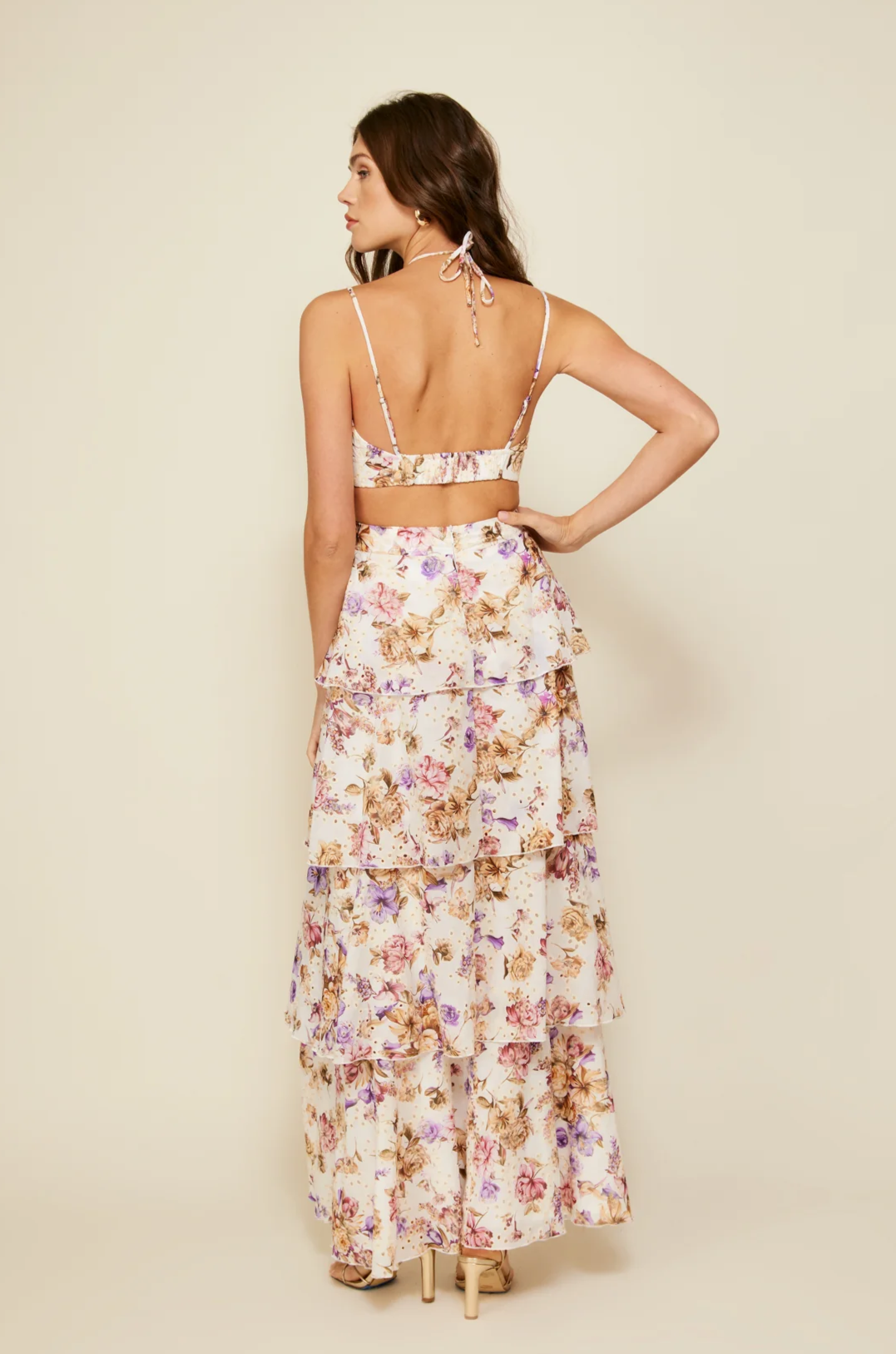 Floral printed eyelet woven tiered maxi dress. Adjustable straps. Front drawstring closure. Back cut out. Elastic back strap. Back hook and eye and zipper closures. Fully lined. Guest wedding dress. Floral dress. Coquette dress.