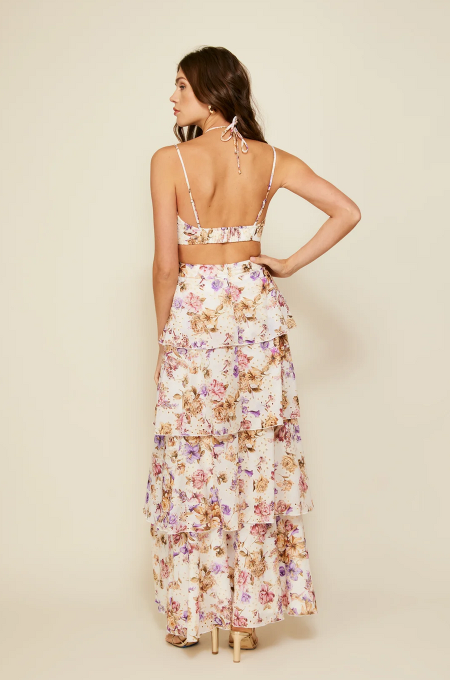 Floral printed eyelet woven tiered maxi dress. Adjustable straps. Front drawstring closure. Back cut out. Elastic back strap. Back hook and eye and zipper closures. Fully lined. Guest wedding dress. Floral dress. Coquette dress.