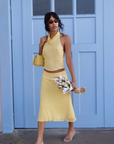 yellow Gingham printed midi skirt
Cinched sides
Side zipper closure
Lined
spring outfit
