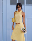 yellow Gingham printed midi skirt
Cinched sides
Side zipper closure
Lined
spring outfit