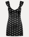 black and white Polka dot mini dress
Medium-weight dress fabrication with subtle shine
Sweetheart neckline
Princess seams on front and back for shaping
Side seam zipper