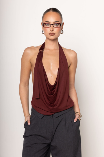 Halter top
Adjustable neck and back straps
Cowl neckine
Open back
Lined
red burgundy cowl neck halter top
going out top
holiday top
holiday outfit