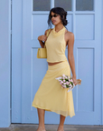 yellow Gingham printed midi skirt
Cinched sides
Side zipper closure
Lined
spring outfit