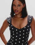 black and white Polka dot mini dress
Medium-weight dress fabrication with subtle shine
Sweetheart neckline
Princess seams on front and back for shaping
Side seam zipper