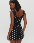 black and white Polka dot mini dress
Medium-weight dress fabrication with subtle shine
Sweetheart neckline
Princess seams on front and back for shaping
Side seam zipper