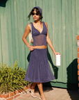 blue and white Mesh polka dot midi skirt
Scalloped elastic waistband
Ruffle trim
Lined
spring outfit