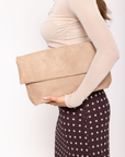 Beige Faux suede fold over clutch bag