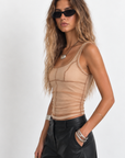 tan beige Layered tank top
Chiffon top layer
Cinched
U neckline
Lined