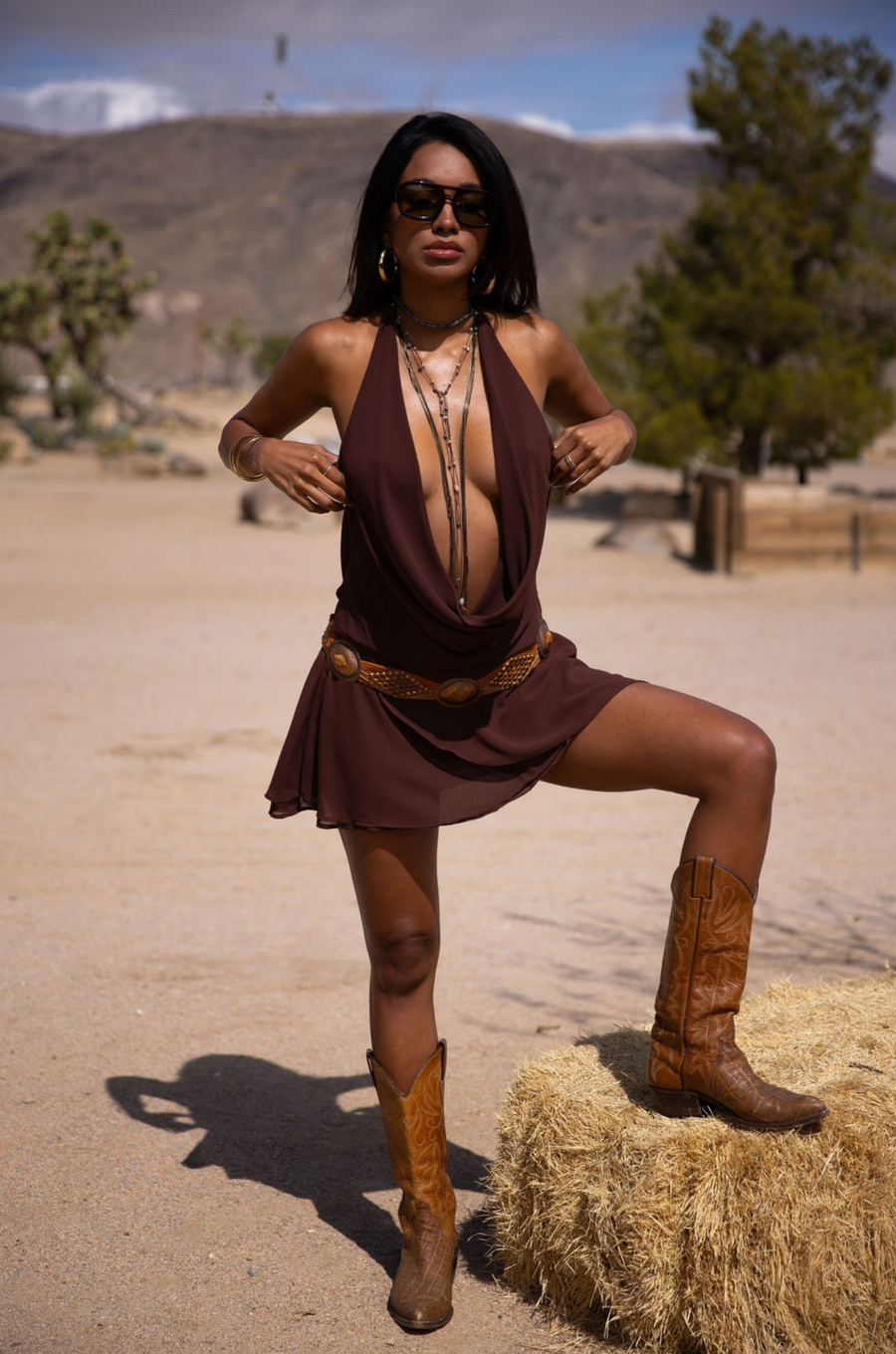 brown Tiered halter mini dress
Front and back cowl drape
Adjustable neck tie
Lined
coachella outfit
coachella dress
stagecoach outfit
stagecoach dress
festival outfit