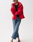 red Funnel neck jacket
Front button down closure
Draped fit
Length: 27"
Cotton