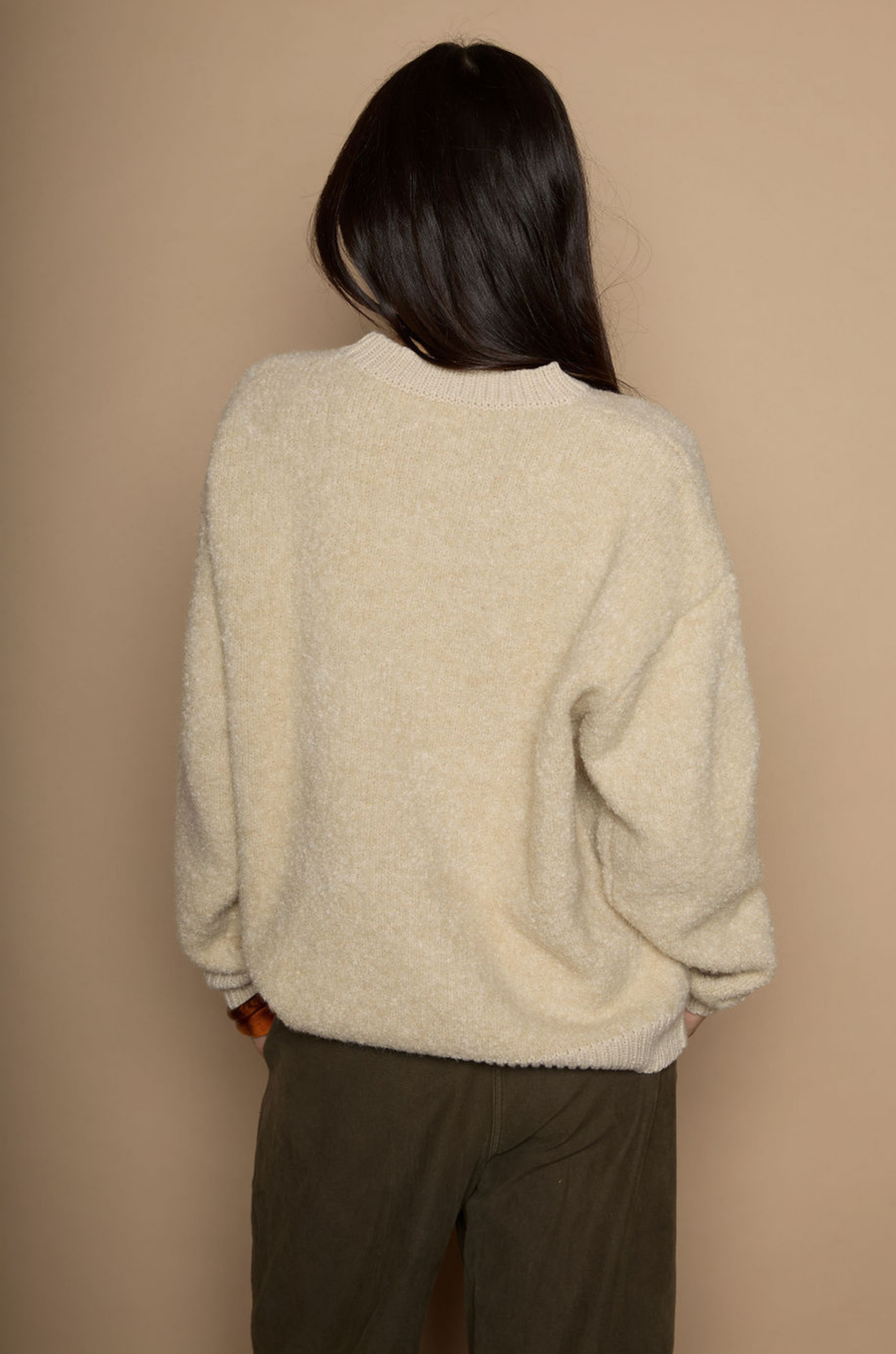 Fuzzy boucle knit sweater. Crewneck. Unlined. beige sweater. fall sweater. winter sweater. bone sweater