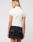Low-rise denim mini skirt
Comfort stretch denim
Fits true to size
Dark rinse wash
Length: 11.5"
Cotton/Polyester/Elastane