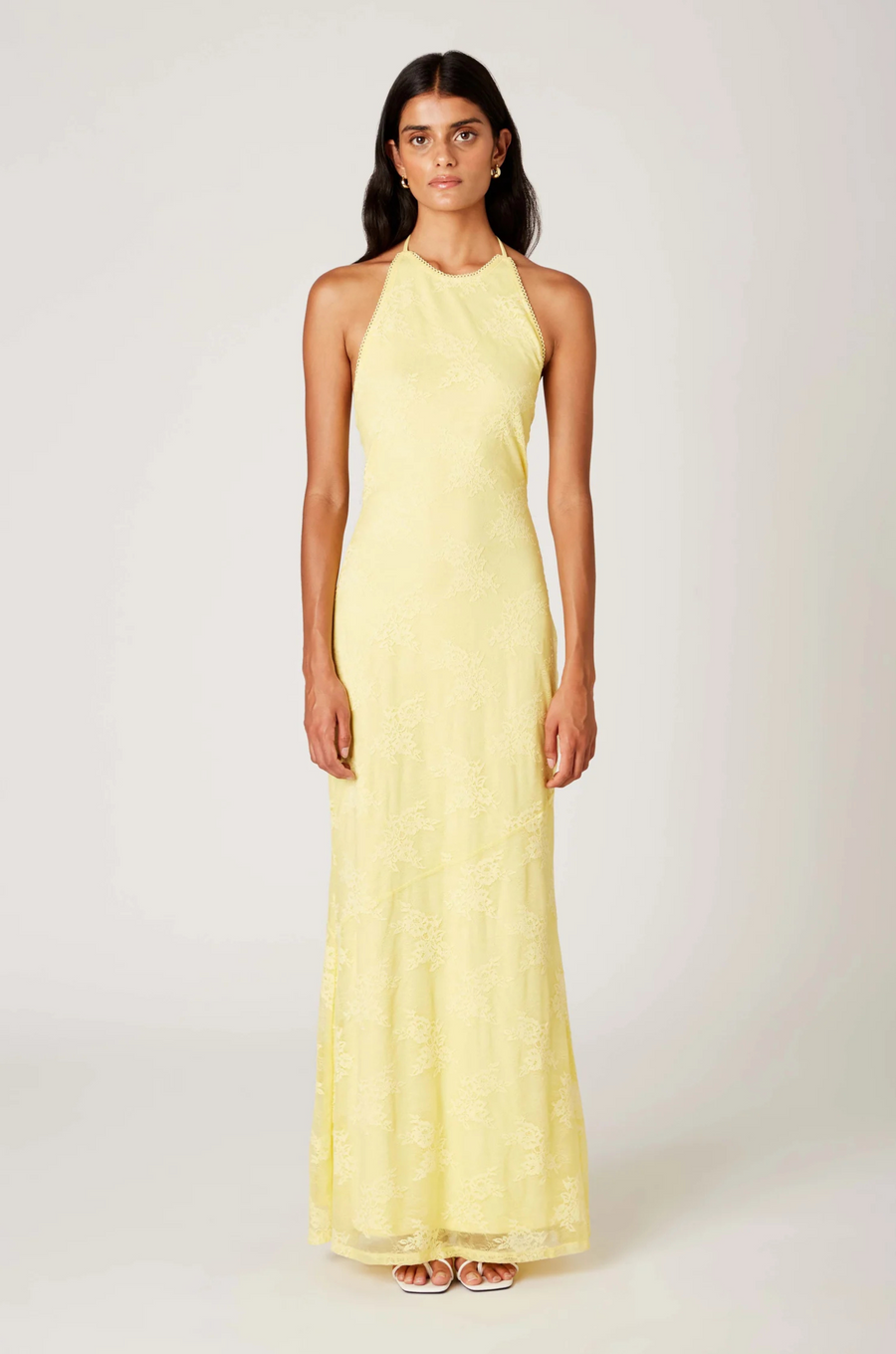 Halter neck lace maxi dress
Open back with adjustable tie closures
Adjustable neck tie
Subtle flared hem
Lace detailing throughout
Lined
yellow lace dress
butter yellow wedding guest dress
summer wedding guest dress